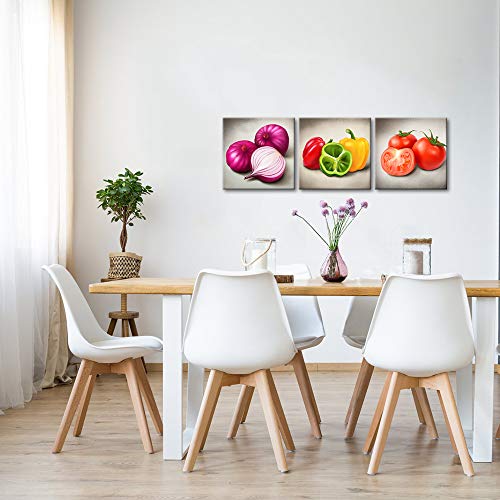 LoveHouse 3 Piece Kitchen Pictures Wall Decor Colorful Vegetable Onions Peppers Tomatos Dining Room Painting art for Modern Home Decoration Framed and Stretched Ready to Hang 12x12inchx3 panel