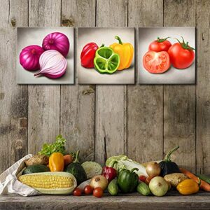 LoveHouse 3 Piece Kitchen Pictures Wall Decor Colorful Vegetable Onions Peppers Tomatos Dining Room Painting art for Modern Home Decoration Framed and Stretched Ready to Hang 12x12inchx3 panel