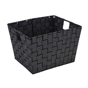 simplify striped woven basket for storage with handles, nursery, playroom, toys, bedroom, closet, clothes, office, decorative lurex totes, medium, black/silver