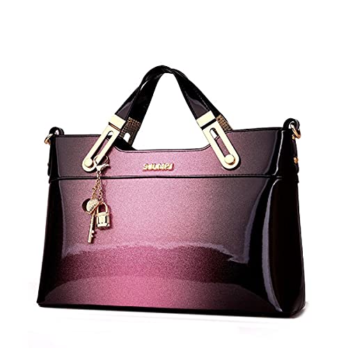 XingChen Women Satchel Bags Handle Shoulder Handbags and Purses Pockets Zipper Patent Leather Crossbody Bags(Horizontal Purple)