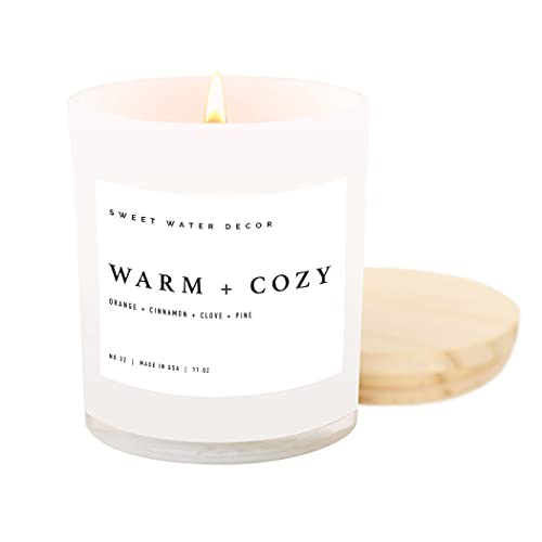 Sweet Water Decor Warm and Cozy Soy Candle | Pine, Orange, Cinnamon, and Fir Winter Scented Candle for Home | 11oz White Jar with Wood Lid, 60 Hour Burn Time, Made in the USA