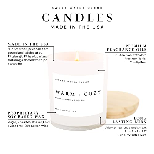 Sweet Water Decor Warm and Cozy Soy Candle | Pine, Orange, Cinnamon, and Fir Winter Scented Candle for Home | 11oz White Jar with Wood Lid, 60 Hour Burn Time, Made in the USA