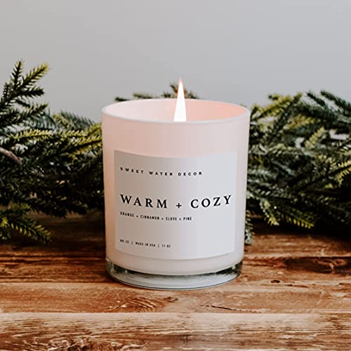 Sweet Water Decor Warm and Cozy Soy Candle | Pine, Orange, Cinnamon, and Fir Winter Scented Candle for Home | 11oz White Jar with Wood Lid, 60 Hour Burn Time, Made in the USA