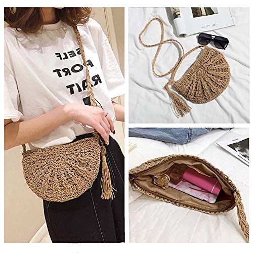 Women's Straw Crossbody Bags Weave Straw Bags Summer Beach Shoulder Purse Handbags (Mini-Khaki)