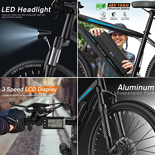 TotGuard Electric Bike, 27.5" Electric Bike for Adults 500W Ebike 21.6MPH Adult Electric Bicycles Electric Mountain Bike,48V 10Ah Removable Lithium Battery,Shimano 21S Gears,Lockable Suspension Fork