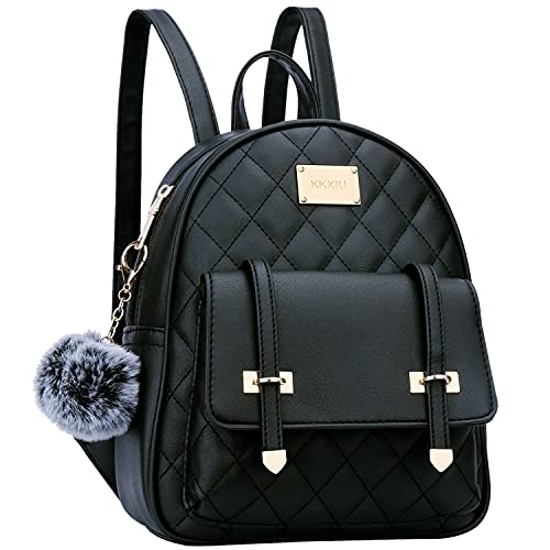 KKXIU Women Small Backpack Purse Synthetic Leather Quilted Mini Daypack Fashion Bookbag For Girls (Black)