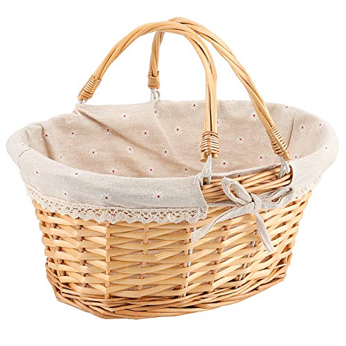 ZEONHEI Oval Wicker Woven Basket, Attractive Willow Woven Gift Basket, Cheap Fruit Picnic Easter Candy Wedding Party Decoration Serving Basket with Folding Handles and Linen Cloth Lining, Natural