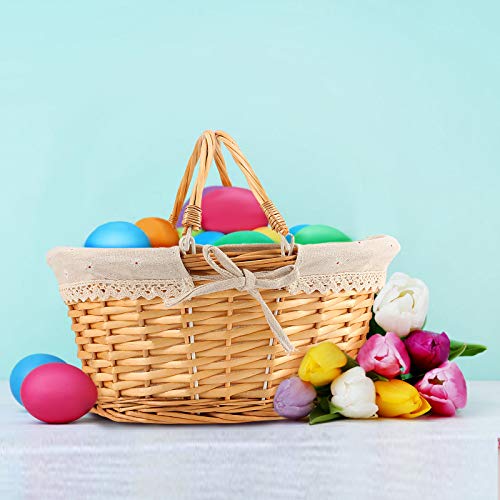 ZEONHEI Oval Wicker Woven Basket, Attractive Willow Woven Gift Basket, Cheap Fruit Picnic Easter Candy Wedding Party Decoration Serving Basket with Folding Handles and Linen Cloth Lining, Natural