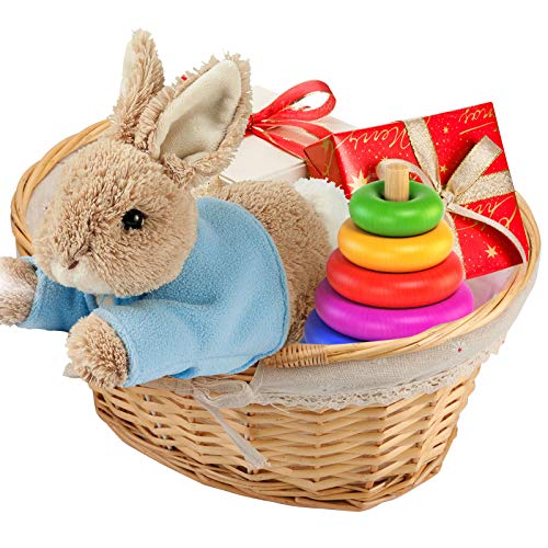 ZEONHEI Oval Wicker Woven Basket, Attractive Willow Woven Gift Basket, Cheap Fruit Picnic Easter Candy Wedding Party Decoration Serving Basket with Folding Handles and Linen Cloth Lining, Natural