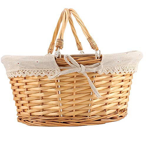 ZEONHEI Oval Wicker Woven Basket, Attractive Willow Woven Gift Basket, Cheap Fruit Picnic Easter Candy Wedding Party Decoration Serving Basket with Folding Handles and Linen Cloth Lining, Natural