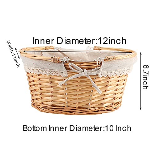 ZEONHEI Oval Wicker Woven Basket, Attractive Willow Woven Gift Basket, Cheap Fruit Picnic Easter Candy Wedding Party Decoration Serving Basket with Folding Handles and Linen Cloth Lining, Natural