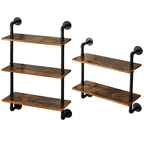 YMYNY Industrial Pipe Shelf Bracket, 2 Tiers and 3 Tiers Retro Wall Mounted Floating Shelf, 24" Farmhouse Bathroom Shelving, Set of 2