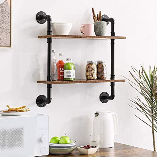 YMYNY Industrial Pipe Shelf Bracket, 2 Tiers and 3 Tiers Retro Wall Mounted Floating Shelf, 24" Farmhouse Bathroom Shelving, Set of 2