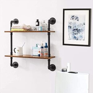 YMYNY Industrial Pipe Shelf Bracket, 2 Tiers and 3 Tiers Retro Wall Mounted Floating Shelf, 24" Farmhouse Bathroom Shelving, Set of 2