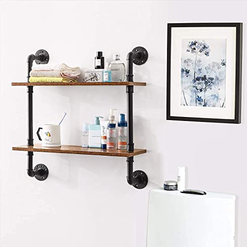 YMYNY Industrial Pipe Shelf Bracket, 2 Tiers and 3 Tiers Retro Wall Mounted Floating Shelf, 24" Farmhouse Bathroom Shelving, Set of 2