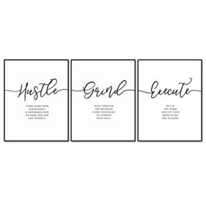hustle grind inspirational quotes minimalist office decor wall art for girl boss motivational prints entrepreneur gift, set of 3 prints, 11x14inch unframed