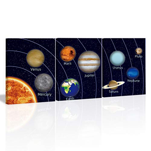 KAIRNE Kids Space Room Decor Framed Outer Space Wall Art Set Of 3 (12X16inch) Kids Picture Planets Pictures Solar System Educational Teaching Poster for Boys Room Nursery Kids Playroom Decor