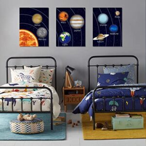 KAIRNE Kids Space Room Decor Framed Outer Space Wall Art Set Of 3 (12X16inch) Kids Picture Planets Pictures Solar System Educational Teaching Poster for Boys Room Nursery Kids Playroom Decor