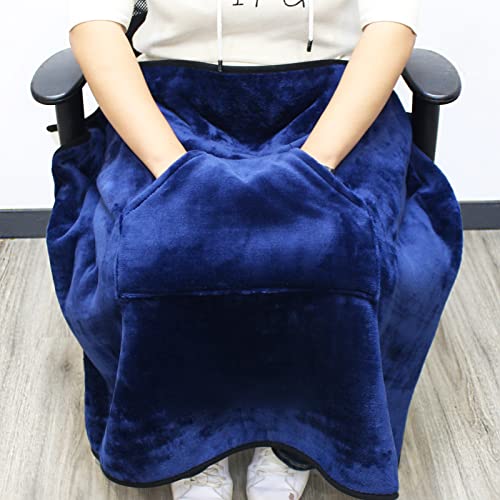 IHEALTHCOMFORT Small Sherpa Blanket with Pocket,Throw Blanket for Couch,Soft Fuzzy Fleece Blanket,Lap Knees Shoulders Blanket Pad for Home Office Sofa Chair(43×28inches)… (Navy)