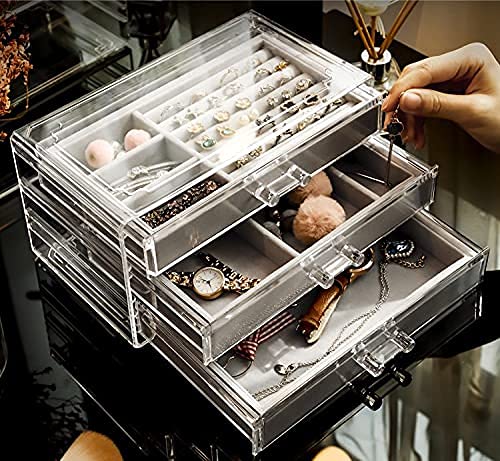 Cq acrylic Earring Jewelry Organizer with 3 Drawers Clear Acrylic Jewelry Box for Women,Stackable Velvet Earring Display Case Earrings Ring Bracelet Necklace Holder Gift for Women, Grey
