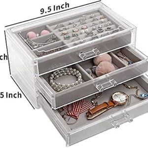 Cq acrylic Earring Jewelry Organizer with 3 Drawers Clear Acrylic Jewelry Box for Women,Stackable Velvet Earring Display Case Earrings Ring Bracelet Necklace Holder Gift for Women, Grey