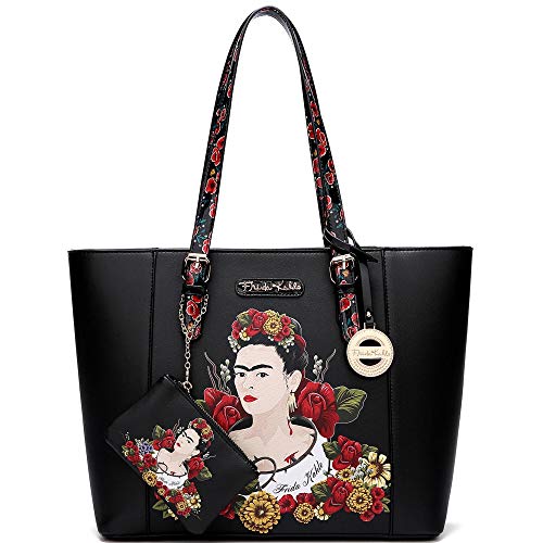 Authentic Frida Kahlo Print PU Leather 2 in 1 Large Shopper Tote Bag (Flower Series - Black)