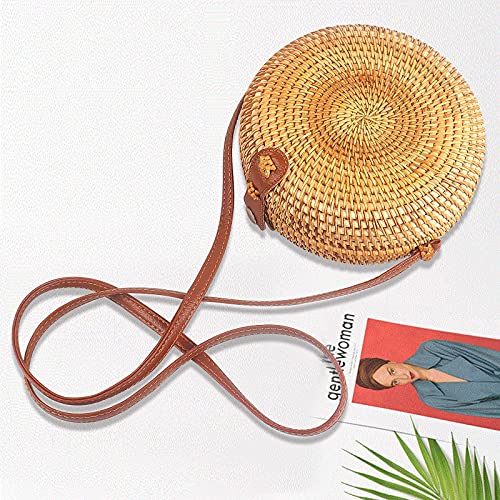 DODOPEN Crossbody Bags for Women,100% Natural Handwoven Round Rattan Bag Straw Bags Satchel Shoulder Leather Strap Natural Chic