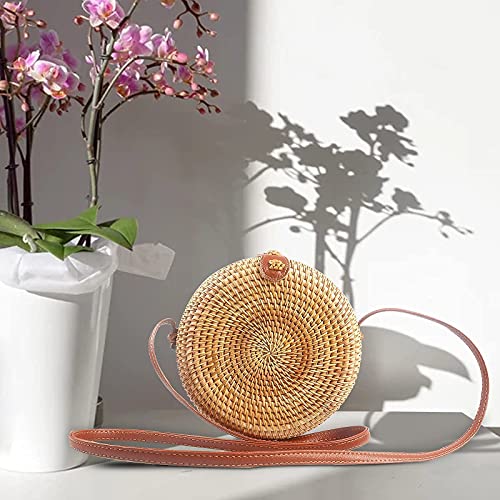 DODOPEN Crossbody Bags for Women,100% Natural Handwoven Round Rattan Bag Straw Bags Satchel Shoulder Leather Strap Natural Chic