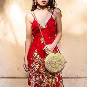 DODOPEN Crossbody Bags for Women,100% Natural Handwoven Round Rattan Bag Straw Bags Satchel Shoulder Leather Strap Natural Chic