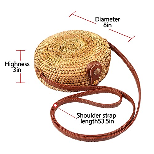 DODOPEN Crossbody Bags for Women,100% Natural Handwoven Round Rattan Bag Straw Bags Satchel Shoulder Leather Strap Natural Chic