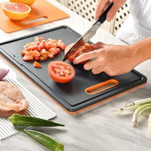 Linoroso Kitchen Cutting Board Set of 3, Dishwasher Safe Cutting Boards with Defrosting Tray and Fruits Board, Non-Slip Rubber Chopping Board Set with Juice Grooves - Lava Orange