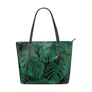 leather tote bag for women with zipper handbags shoulder bag tropical palm green monstera leaf pockets work travel small office business dark