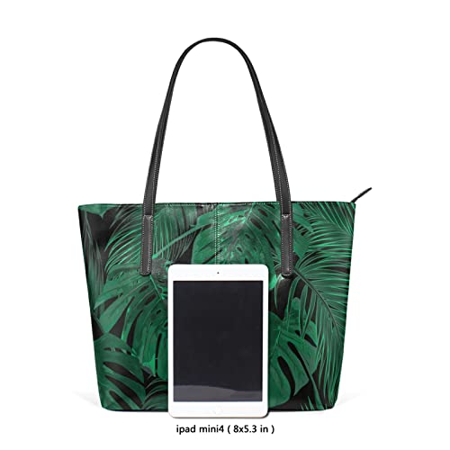 Leather Tote Bag for Women with Zipper Handbags Shoulder Bag Tropical Palm Green Monstera Leaf Pockets Work Travel Small Office Business Dark