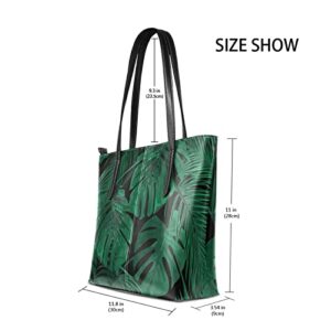 Leather Tote Bag for Women with Zipper Handbags Shoulder Bag Tropical Palm Green Monstera Leaf Pockets Work Travel Small Office Business Dark