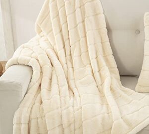 ultra soft reversible faux fur throw, thick fluffy blanket for winter sofa couch, cuddly & warm, (50″x 60″, cream)