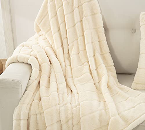 Ultra Soft Reversible Faux Fur Throw, Thick Fluffy Blanket for Winter Sofa Couch, Cuddly & Warm, (50"x 60", Cream)