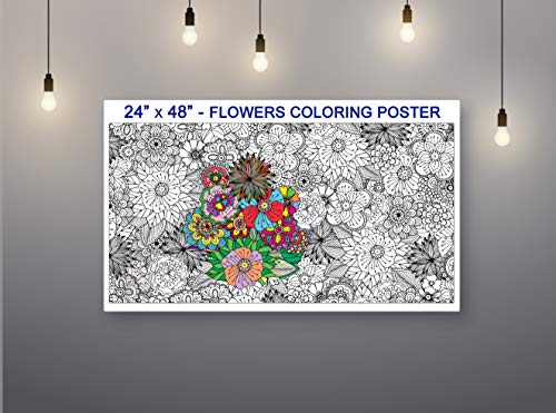 SJPRINTER Giant Coloring Poster for Kids and Adults - Creative Fun for Classrooms, Care Facilities, Schools, Groups and Families (Flowers, 24" x 48)