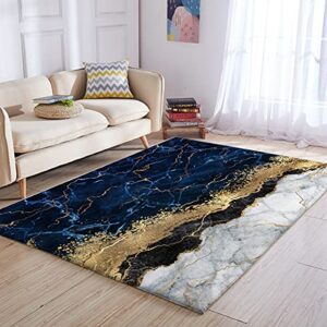 blessliving 3d chic marble area rug soft white marble gilded navy blue floor mat trendy printed design reversible large carpet for bedroom kitchen living room, 4′ x 6′