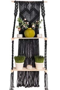 kaltek black macrame shelf | boho style with two tier wood shelves | beautiful handmade macrame shelf for hanging plants and decor | boho wall decor with macrame rope and shelf