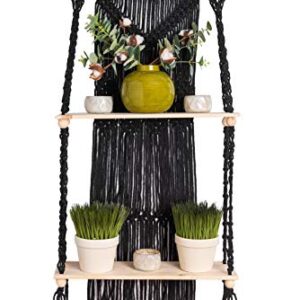 KALTEK Black Macrame Shelf | Boho Style with Two Tier Wood Shelves | Beautiful Handmade Macrame Shelf for Hanging Plants and Decor | Boho Wall Decor with Macrame Rope and Shelf