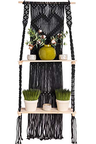 KALTEK Black Macrame Shelf | Boho Style with Two Tier Wood Shelves | Beautiful Handmade Macrame Shelf for Hanging Plants and Decor | Boho Wall Decor with Macrame Rope and Shelf