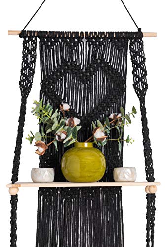 KALTEK Black Macrame Shelf | Boho Style with Two Tier Wood Shelves | Beautiful Handmade Macrame Shelf for Hanging Plants and Decor | Boho Wall Decor with Macrame Rope and Shelf