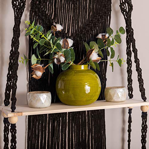 KALTEK Black Macrame Shelf | Boho Style with Two Tier Wood Shelves | Beautiful Handmade Macrame Shelf for Hanging Plants and Decor | Boho Wall Decor with Macrame Rope and Shelf