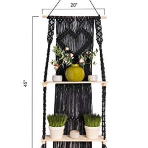 KALTEK Black Macrame Shelf | Boho Style with Two Tier Wood Shelves | Beautiful Handmade Macrame Shelf for Hanging Plants and Decor | Boho Wall Decor with Macrame Rope and Shelf