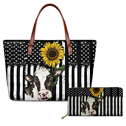 Upetstory Sunflower Cow Purses and Handbags Set Tote Shoulder Bag Clutch Wallet for Women Girls Daily Shooping Party Daily Storage Organzier