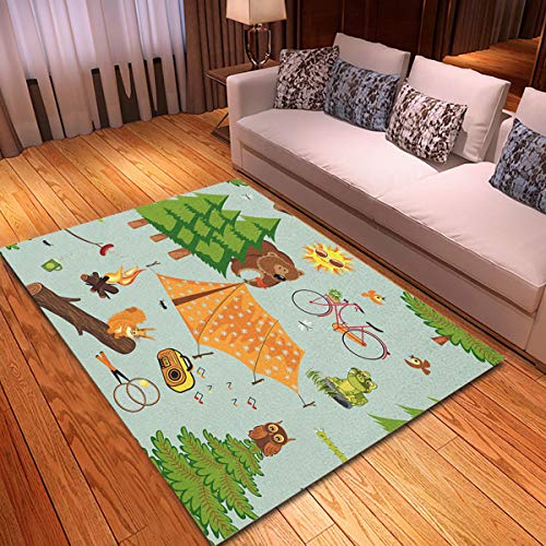 rouihot Non-Slip Area Rug 3'x 5' Camp Camping Forest Picnic Cartoon Tent Campfire Summer Log Rugs Carpet for Classroom Living Room Bedroom Dining Kindergarten Room