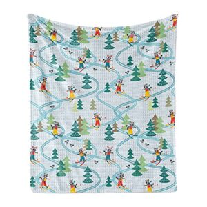 ambesonne sports throw blanket, funny raccoons skiing winter pine tree christmas humor noel print, flannel fleece accent piece soft couch cover for adults, 50″ x 70″, green aqua