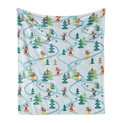 Ambesonne Sports Throw Blanket, Funny Raccoons Skiing Winter Pine Tree Christmas Humor Noel Print, Flannel Fleece Accent Piece Soft Couch Cover for Adults, 50" x 70", Green Aqua