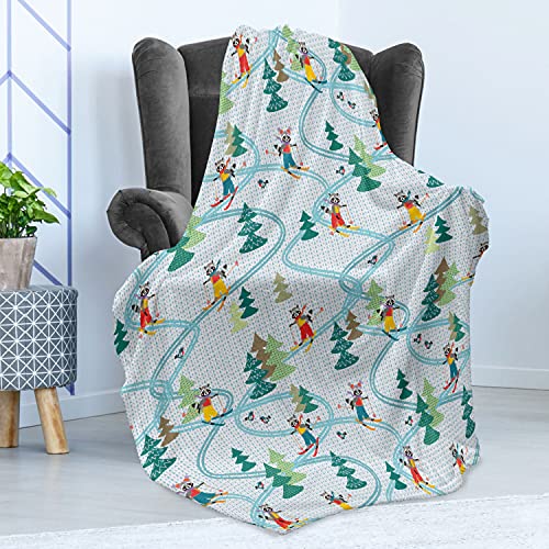 Ambesonne Sports Throw Blanket, Funny Raccoons Skiing Winter Pine Tree Christmas Humor Noel Print, Flannel Fleece Accent Piece Soft Couch Cover for Adults, 50" x 70", Green Aqua