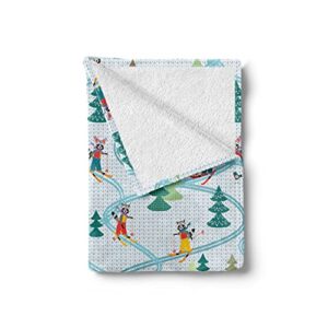 Ambesonne Sports Throw Blanket, Funny Raccoons Skiing Winter Pine Tree Christmas Humor Noel Print, Flannel Fleece Accent Piece Soft Couch Cover for Adults, 50" x 70", Green Aqua